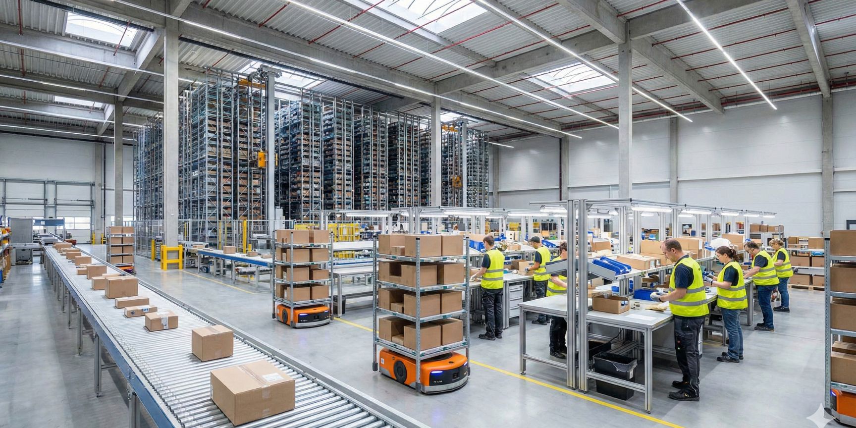 Innenansicht eines modernen, automatisierten Distributionszentrums. Förderbänder transportieren Pakete, autonome Roboter bewegen Warenkörbe, und im Hintergrund ist ein großes Hochregallager zu sehen. Mitarbeiter in Sicherheitswesten arbeiten an Kommissionierplätzen.